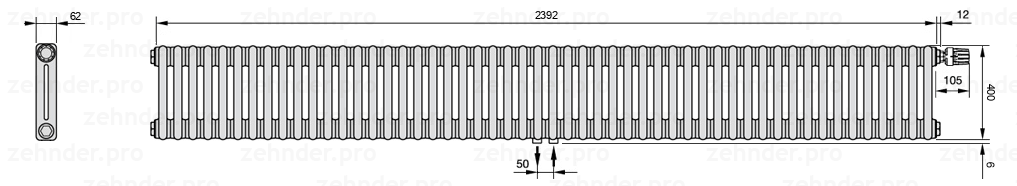 Схема (чертеж) Радиатор Zehnder Charleston 2040/52 №V008 Белый глянцевый RAL 9016